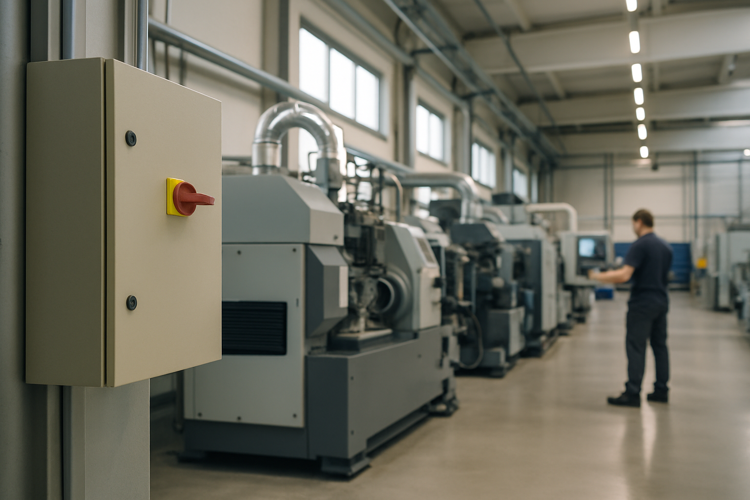Stabilimento manifatturiero con macchinari e quadro elettrico, simbolo della gestione dei costi energetici