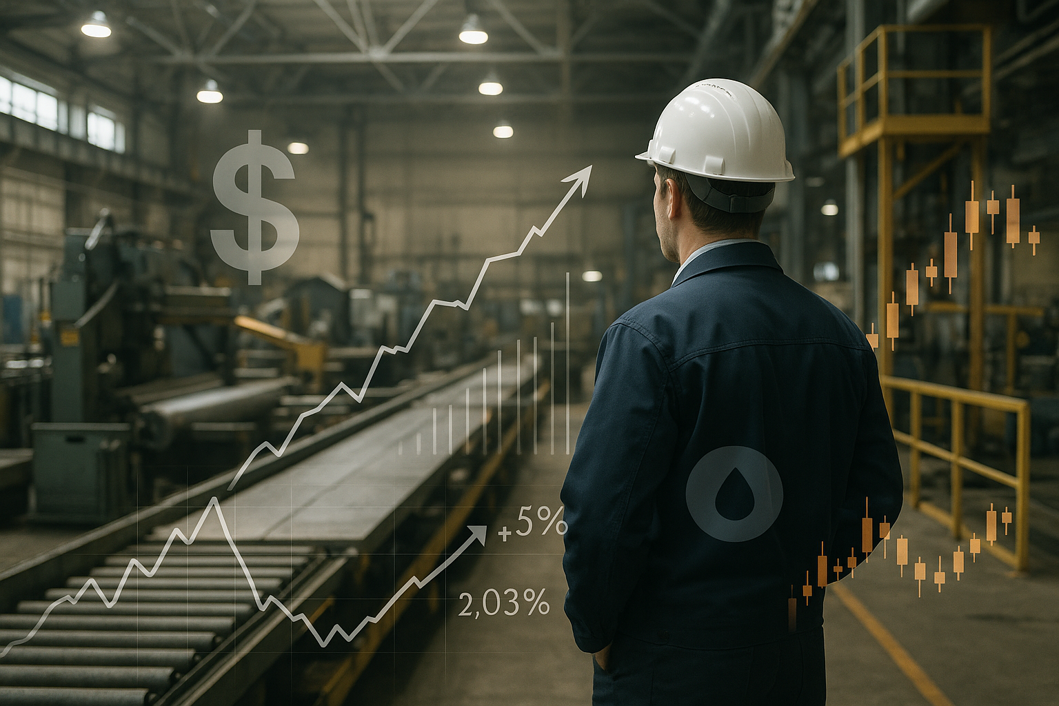 Stabilimento industriale con rappresentazione astratta dell’impatto del cambio dollaro sui costi delle materie prime