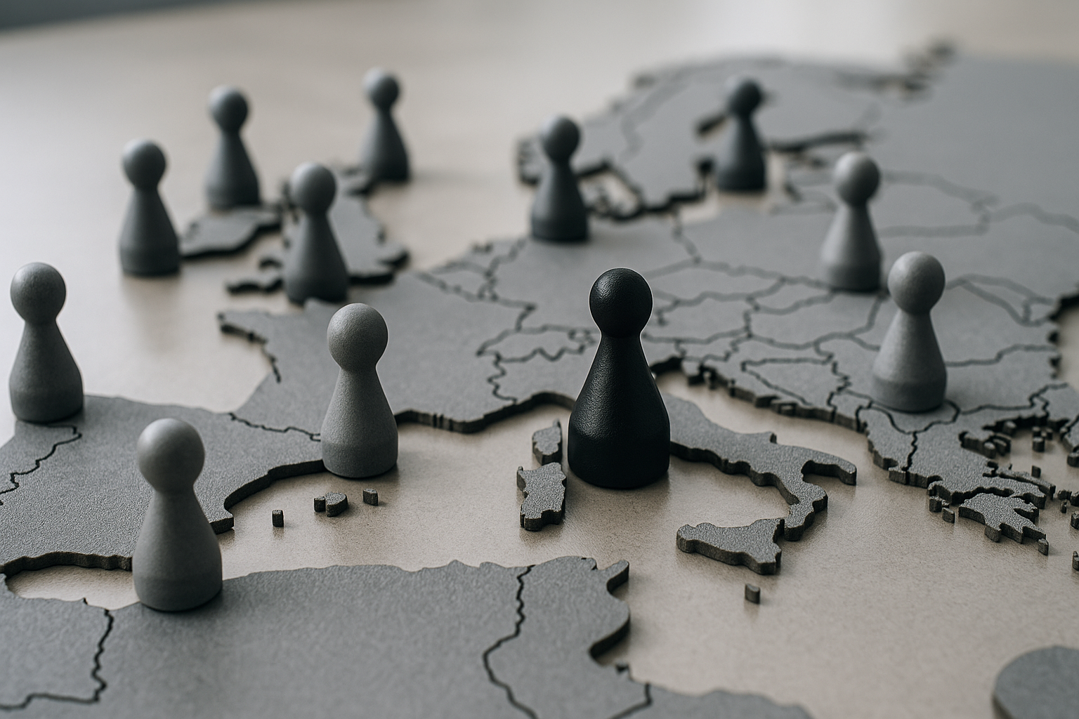 Pedine astratte su mappa stilizzata dell’Europa a rappresentare il consolidamento bancario