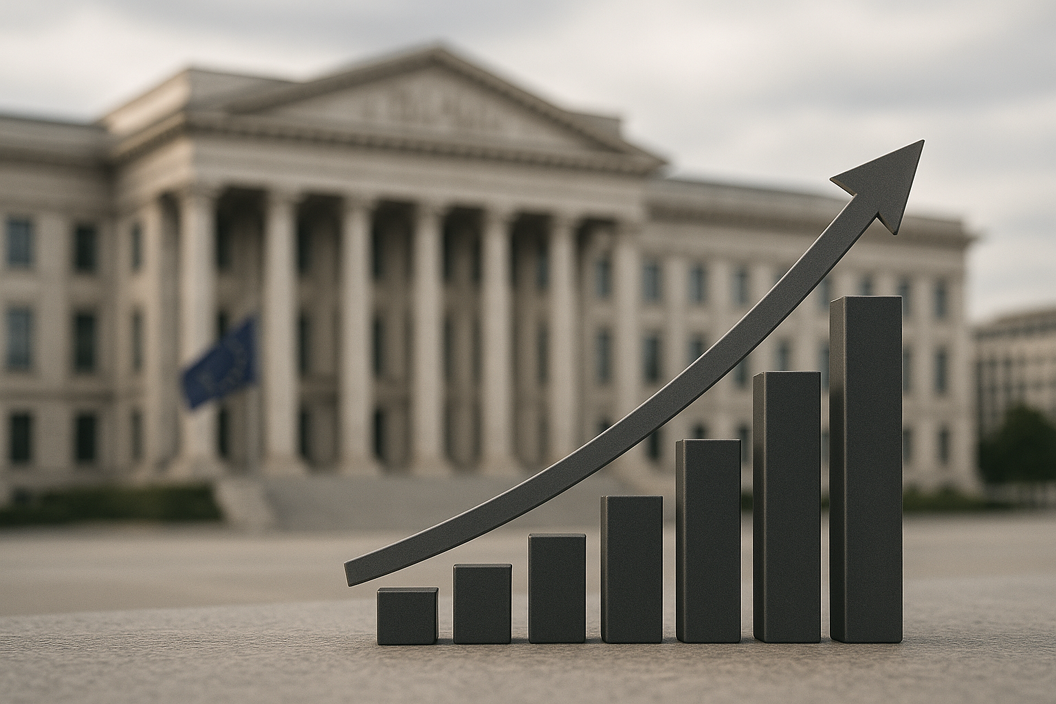 Grafico del debito pubblico in aumento con simboli istituzionali europei stilizzati