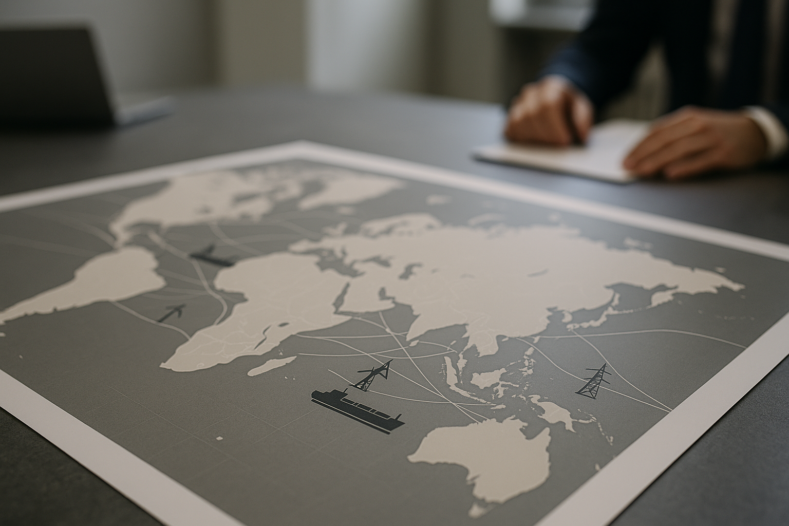 Mappa del mondo con rotte logistiche e riferimenti al settore energetico in contesto geopolitico