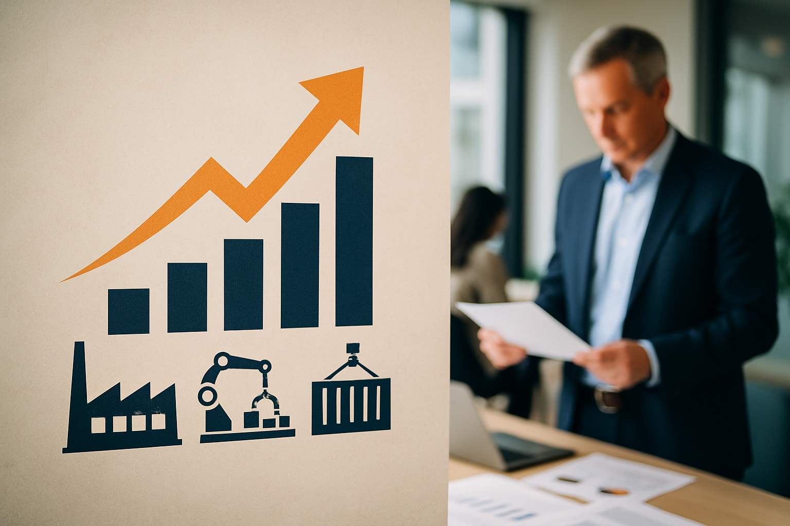 Rappresentazione concettuale della ripresa dell’export manifatturiero con elementi grafici di crescita