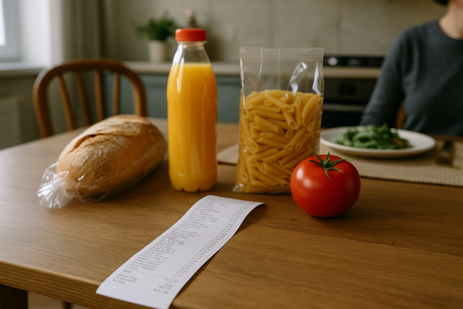 Tavolo da cucina con prodotti alimentari e scontrino della spesa, simbolo di budget familiare e prezzi stabili