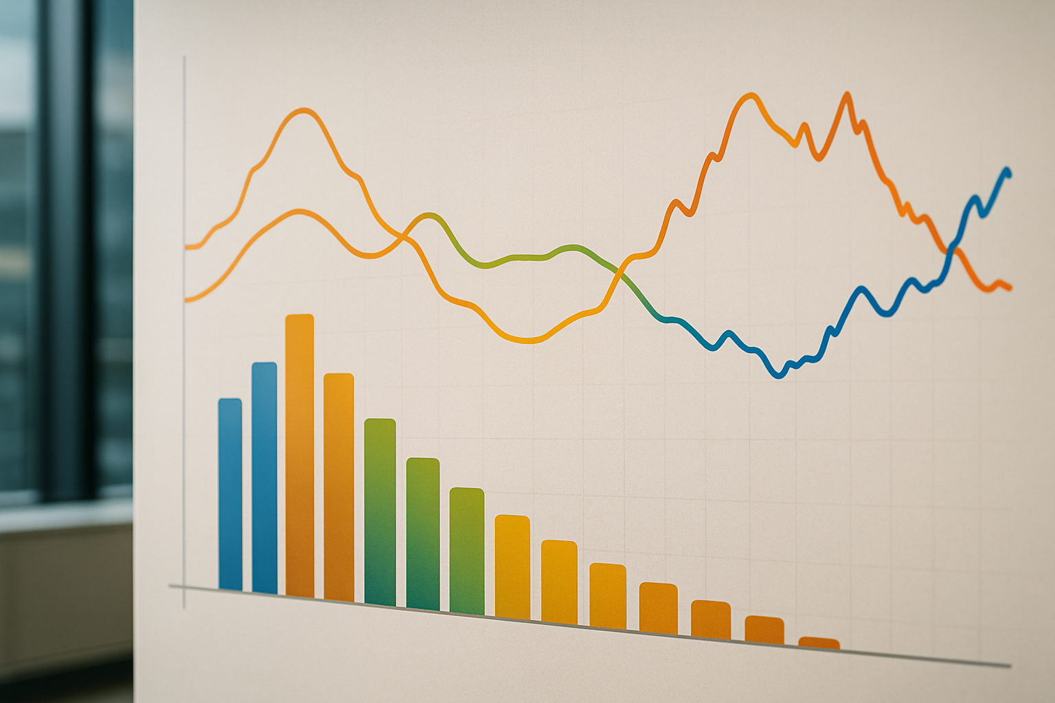 Andamento astratto di domanda e prezzi nel mercato energetico con indicatori di rischio e stabilità