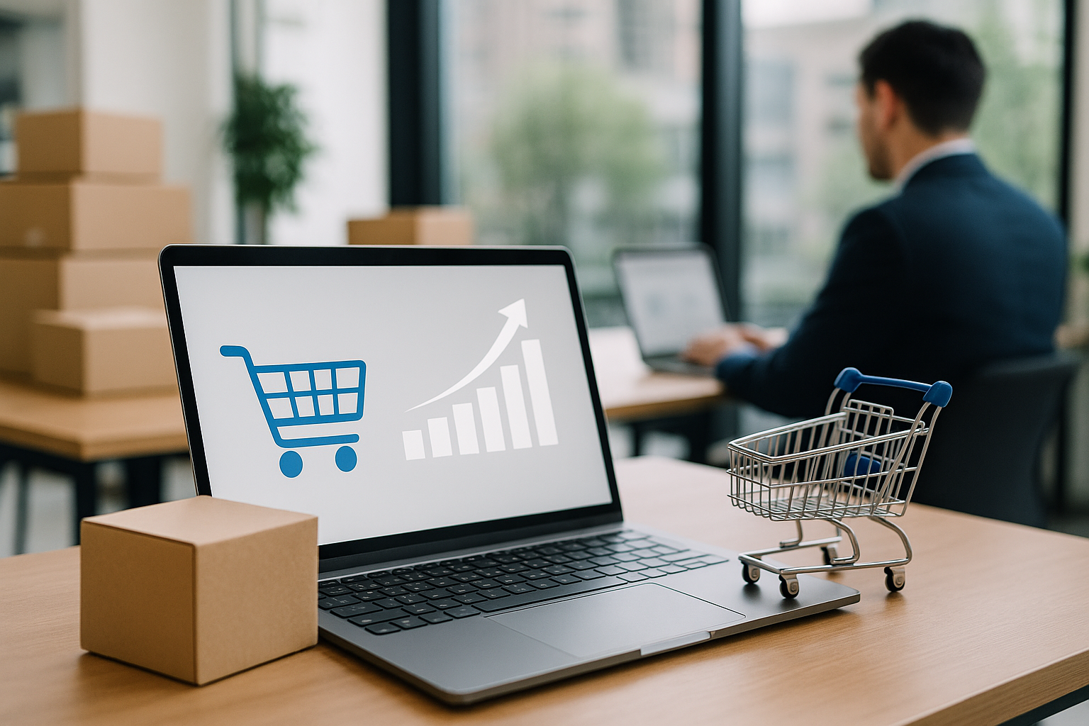 Schema concettuale della crescita dell’e-commerce con elementi di logistica e andamento in aumento