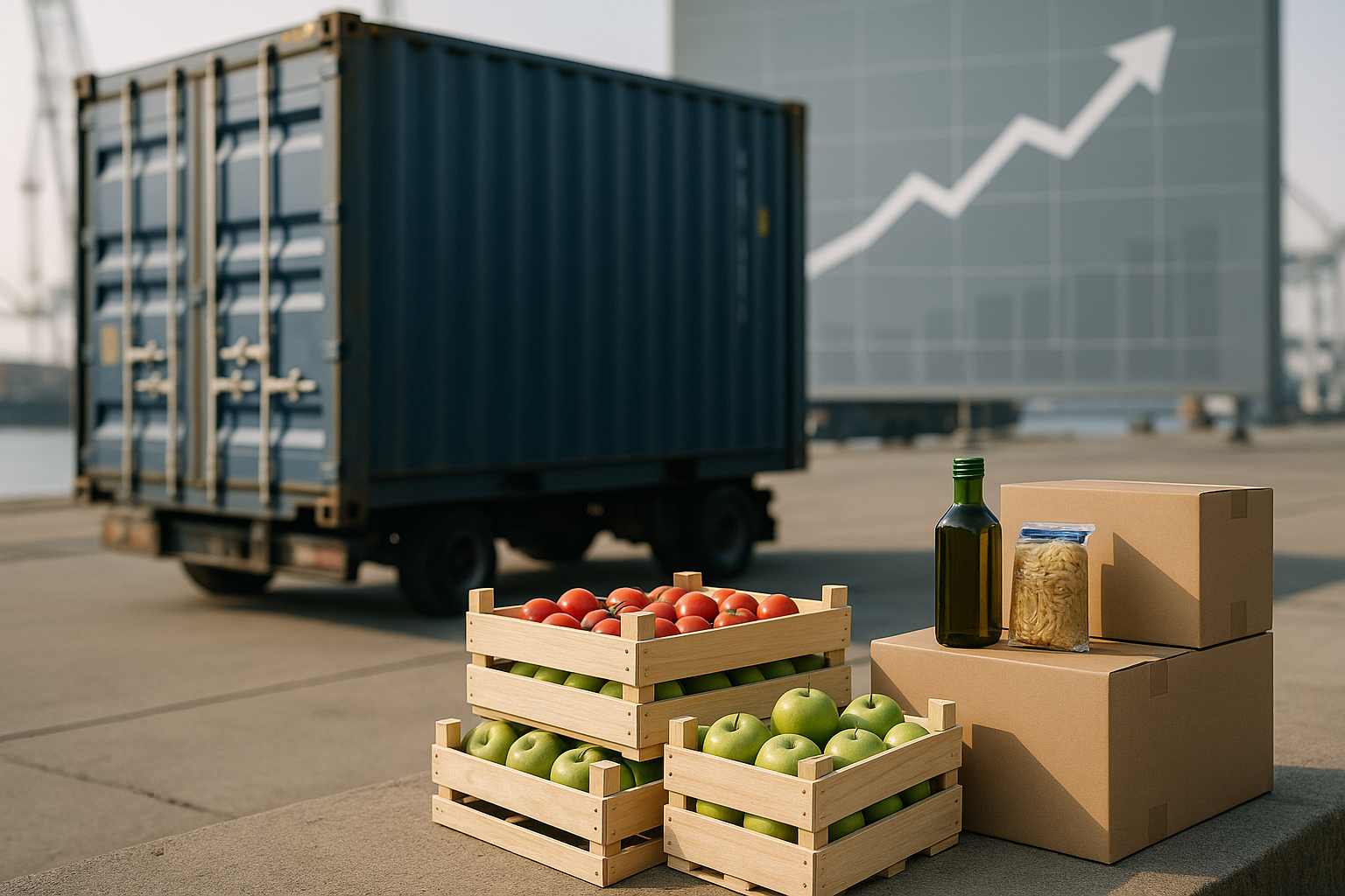 Container e casse di prodotti alimentari in porto a rappresentare la crescita dell’export agroalimentare