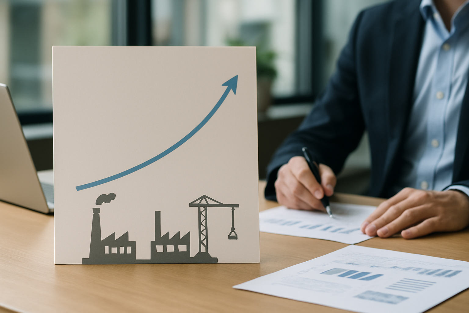 Linea di trend in lieve crescita che simboleggia l’espansione della produzione industriale europea