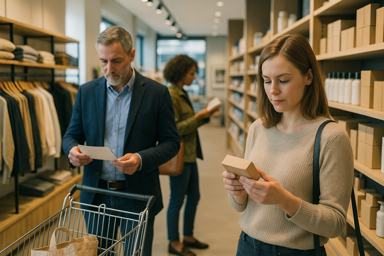 Clienti in un negozio moderno mentre confrontano prodotti e prezzi in un contesto retail