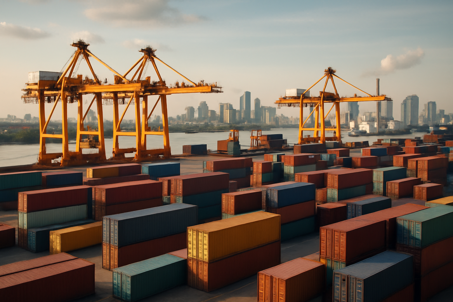 Porto commerciale con container e infrastrutture industriali a supporto dell’export verso mercati emergenti