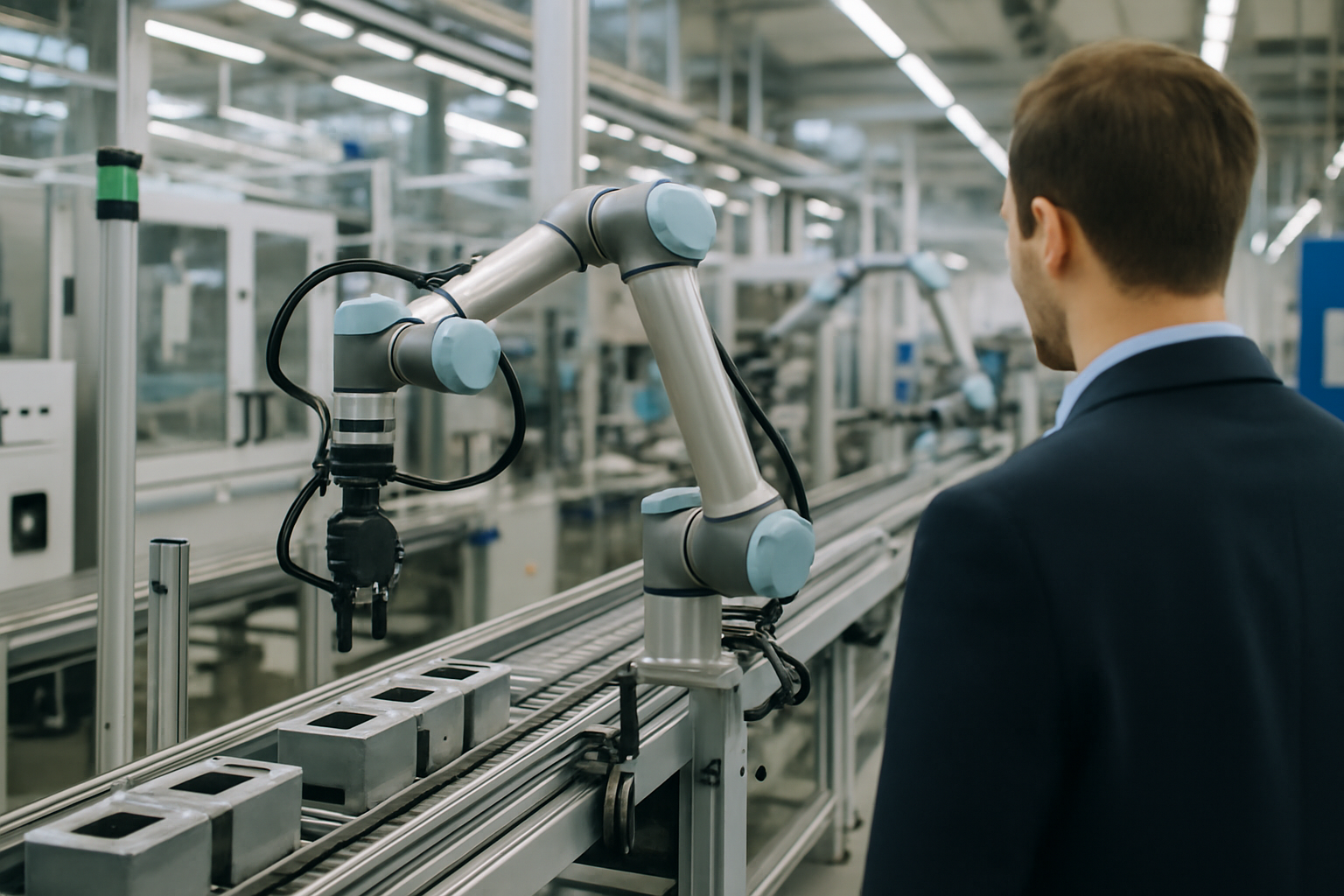 Stabilimento industriale moderno con automazione, sensori e robot collaborativi in produzione