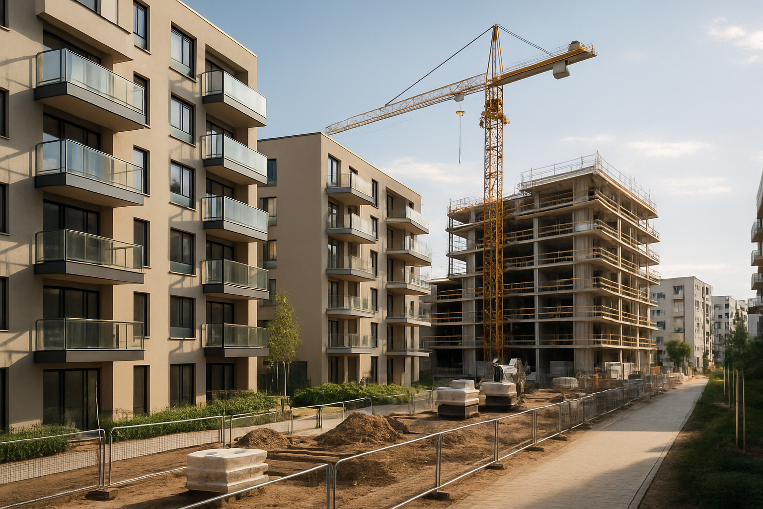 Nuovi edifici residenziali e cantiere in contesto urbano durante una fase di ripresa del settore
