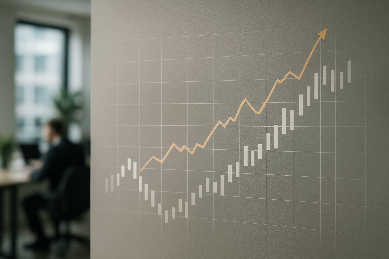 Andamento stilizzato di un mercato azionario con linee di trend e barre dei volumi