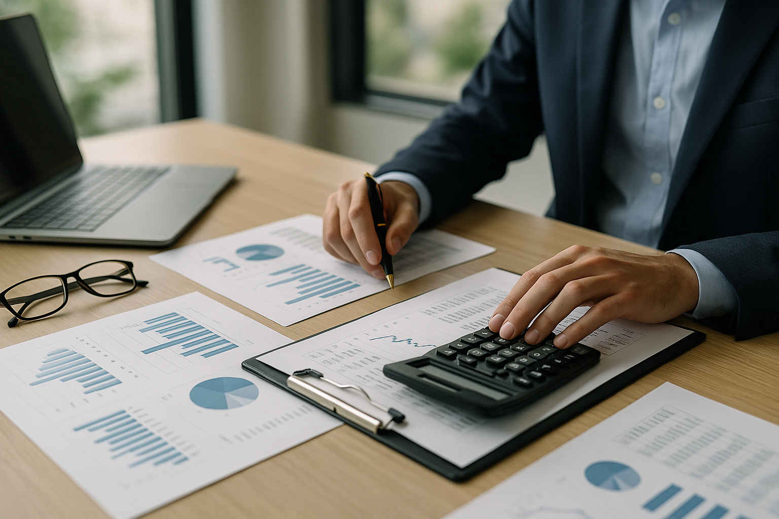 Documenti finanziari e grafici su una scrivania per analisi di bilancio e valutazione investimento