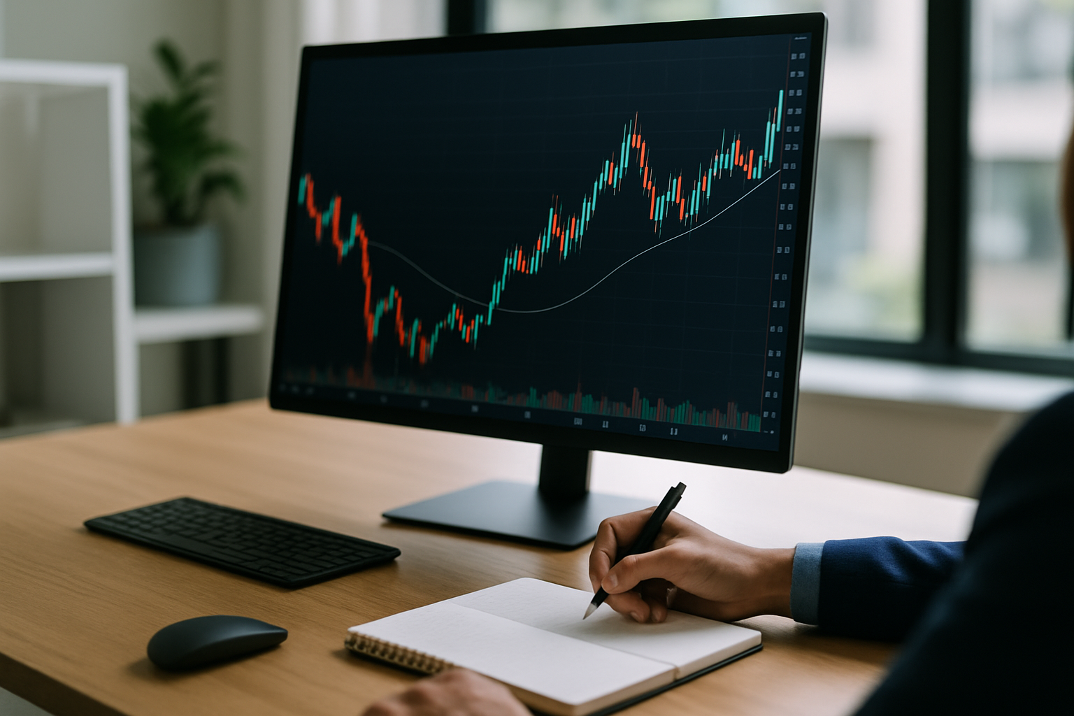 Postazione di lavoro con grafico a candele e appunti per pianificare operazioni di swing trading