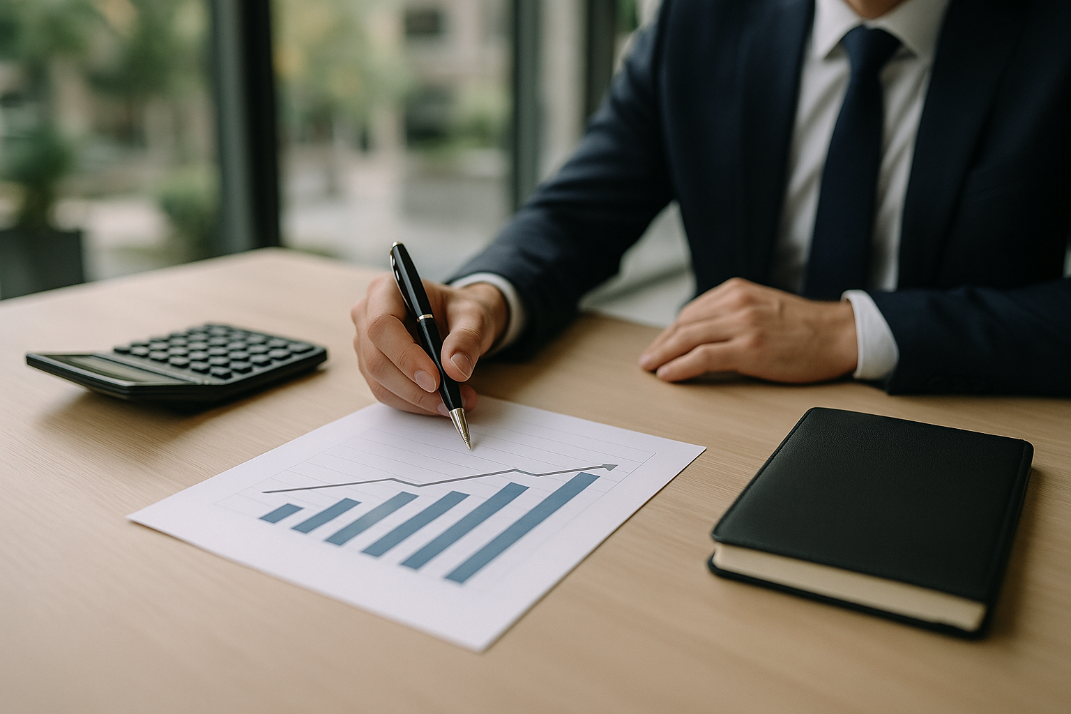 Oggetti da ufficio con grafico finanziario astratto che richiama la pianificazione di investimenti di lungo periodo