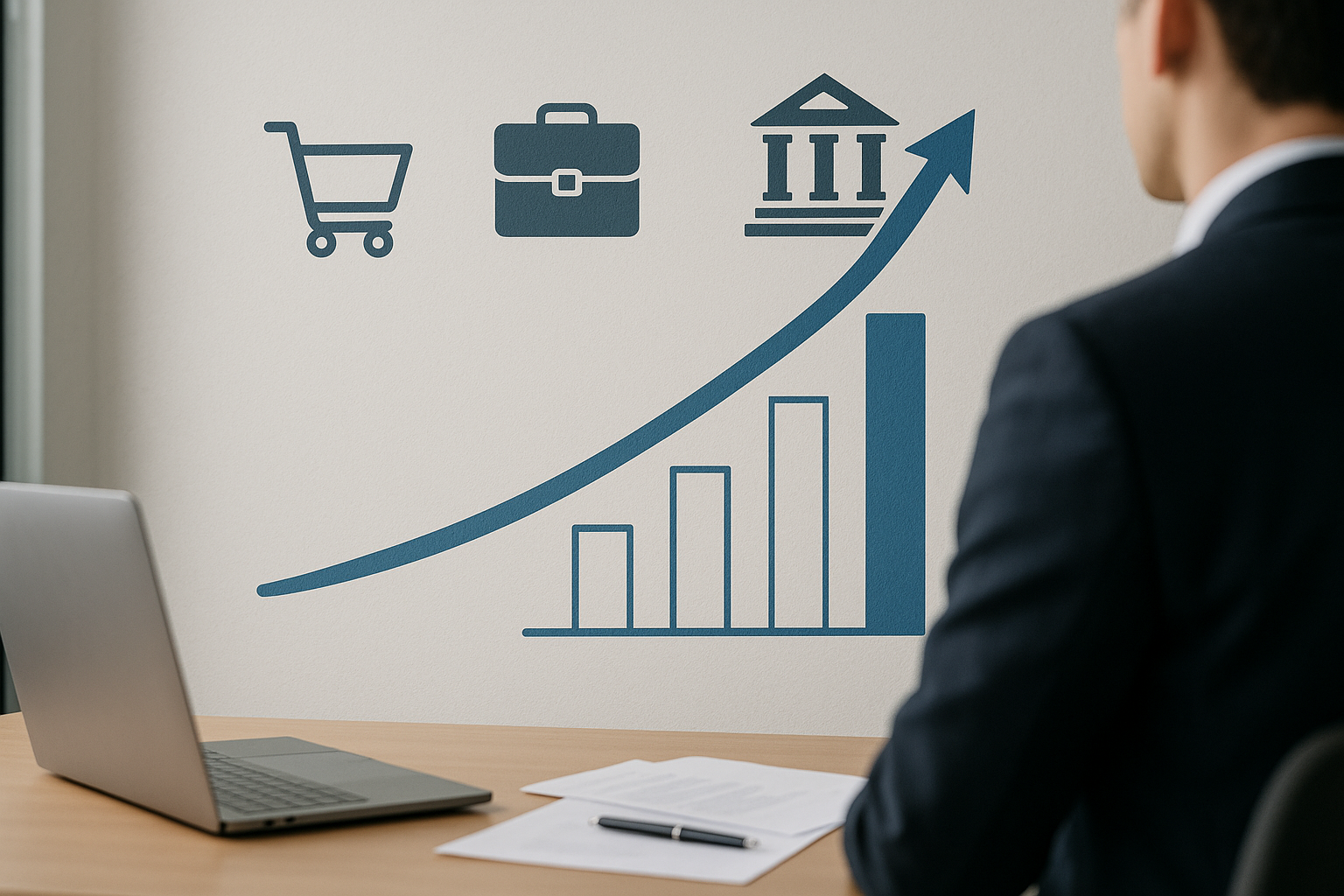 Grafico stilizzato della crescita economica con riferimenti a consumi, lavoro e mercati finanziari