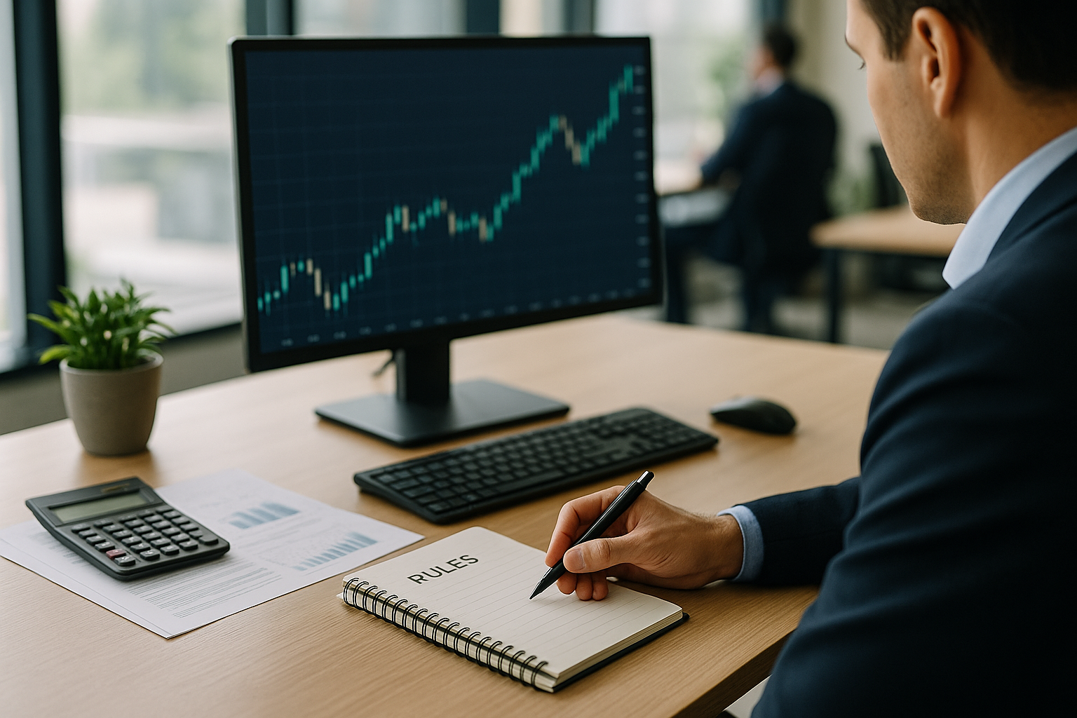 Taccuino con regole di trading e monitor con grafico finanziario in ambiente di lavoro ordinato