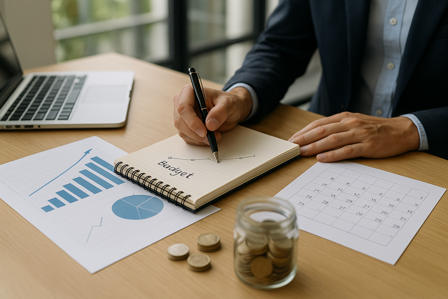 Pianificazione di finanza personale con budget, grafici e calendario su una scrivania