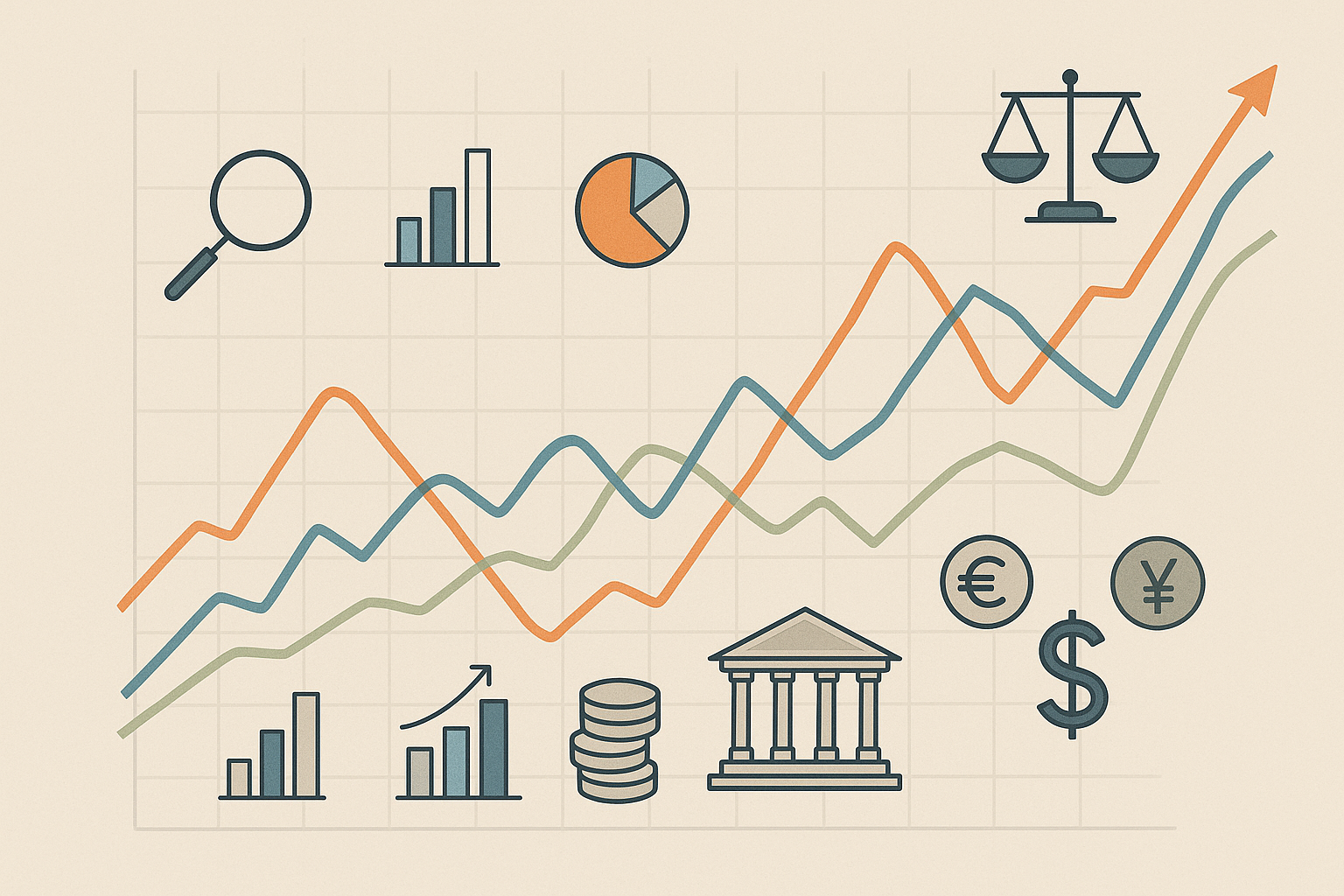 Trend economici con dati, mercati e decisioni politiche rappresentati in modo astratto